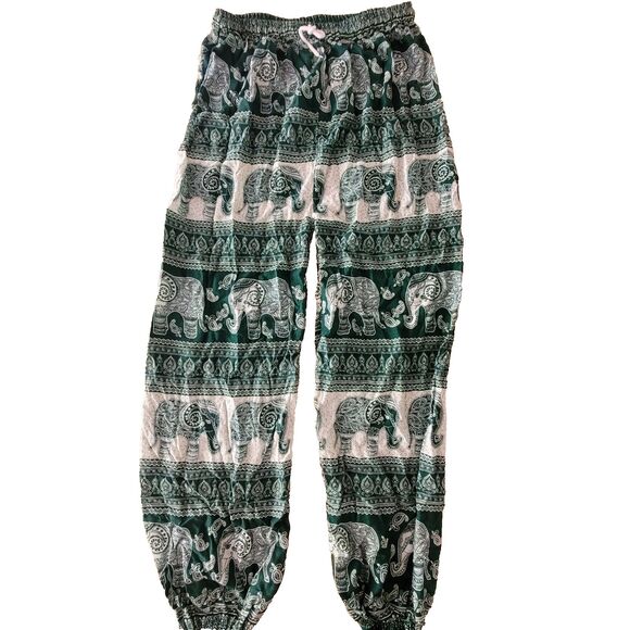CLEARANCE Harem Pants Green White Boho Hippie Elephant Small Gathered Ankle - Picture 3 of 9